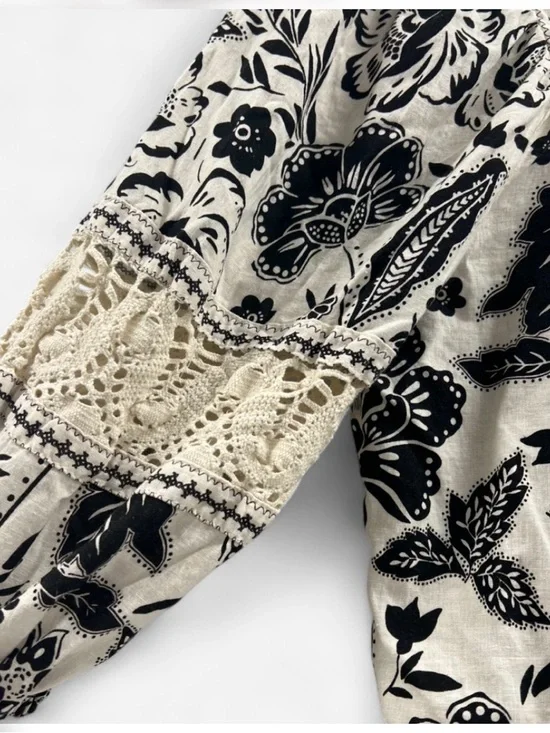 Christian Siriano Boho Floral Top Large Crochet Lace Linen Blend Peasant Blouse - Picture 5 of 10